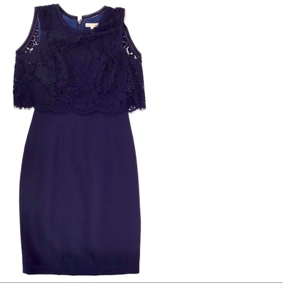 Rebecca Taylor Blue Refined Suiting Dress W/ Lace Size 4 - Picture 2 of 11